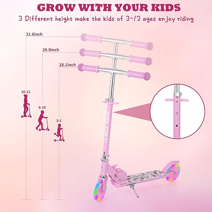Kick Scooter - Collapsible Portable Kids Push Scooter - Lightweight Folding Design with High Visibility RGB Light Up LEDs on Wheels