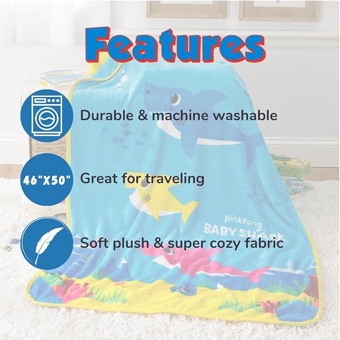 Baby Shark Kids Bedding Super Soft Silk Touch Throw, 40 in x 50 in, (Official Licensed Product) by Franco