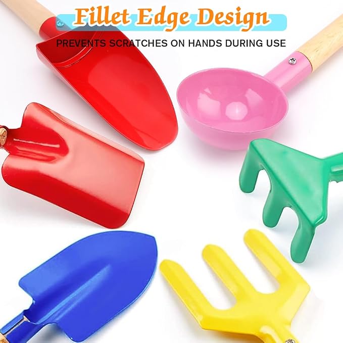6 Piece Beach Sand Box Toys, Kids Gardening Tools, Made of Metal with Sturdy Wooden Handle, Safe Beach Gardening Set, Spoon, Fork, Rake & Shovel, Gifts for Toddlers