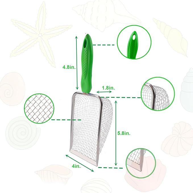 MUYIZI Beach Mesh Shovel with Mesh Beach Bag for Shell Collecting, Kids Sand Sifter for The Beaches,Shell Scooper for Beaches,Shark Tooth Sifter Dipper,Sea Shell Bags for Kids,Sand Toy (Orange+Green)