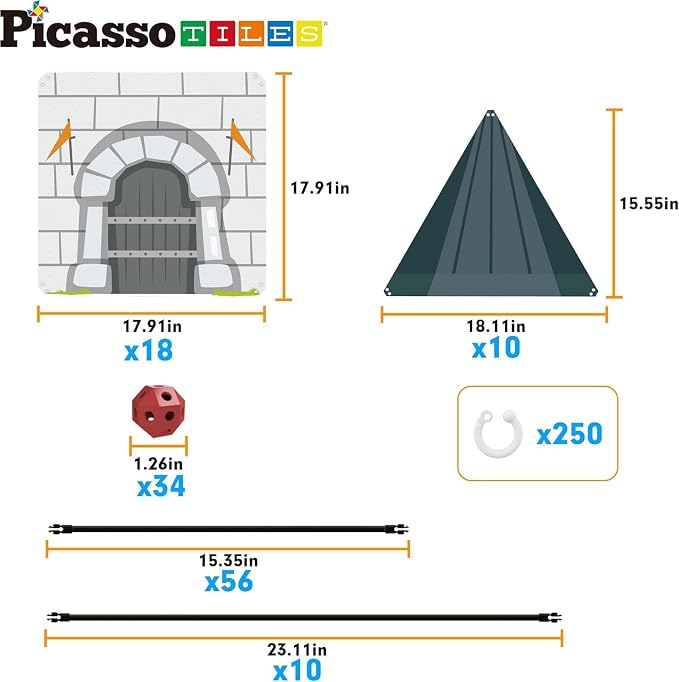 PicassoTiles Fort Building Kit 376 Pieces Kids STEM Educational Learning Construction Play Toy Indoor and Outdoor DIY Build Forts Castles Tents Playhouse with Cloth Cover Print Boy Girl Ages 5+ PTC126