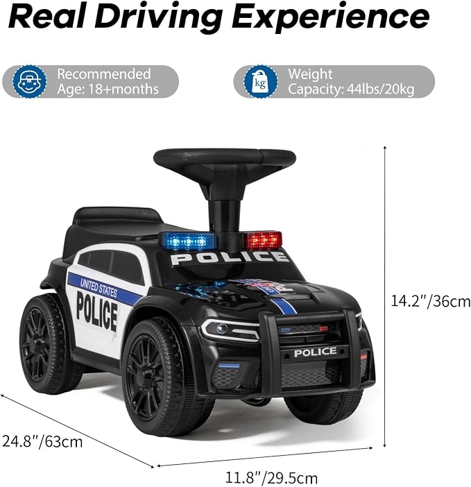 OLAKIDS Ride On Push Police Car, Toddler Foot-to-Floor Sliding Toy with Siren, Steering Wheel, Megaphone, Horn, Headlights, Under Seat Storage, Kids Racer Walking Gift for Boys Girls 1-3 (Classic)