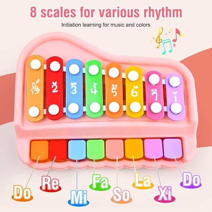 Pink 2-in-1 Toddler Xylophone Piano Toy, Toddler 8 Key Musical Instrument with Mallets & Music Cards, Montessori Educational Gift for Girls Ages 1-3