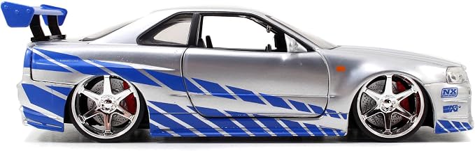Jada Toys Fast & Furious Brian’s 2002 Nissan Skyline R34 Die-cast Car, 1:24 Scale, Silver & Blue