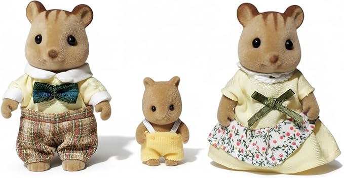 Family Brown Chipmunk Figures — Set of 3 Collectible Flocked Mini Dolls with Removable Clothes, Dollhouse Pretend Play Set for Kids Ages 3+