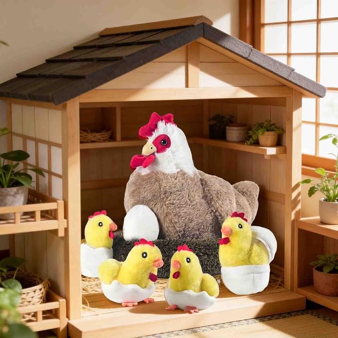 9 in 1 Chicken Stuffed Animal, Stuffed Chicken Toys for Kids Zippered Egg Laying Hen Chicken Plush with Baby Chicks, Eggs and Coop for Christmas Birthday Gifts Farm Party Decors