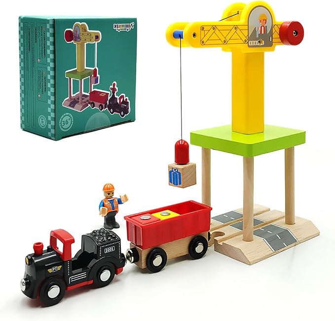 Wooden Train Track Accessories Wooden Crane Toy Set with Train Cars for 3 4 5 Year Old Boys Kids Other Major Wooden Rail Brands are Compatible (Multi-Function Crane)