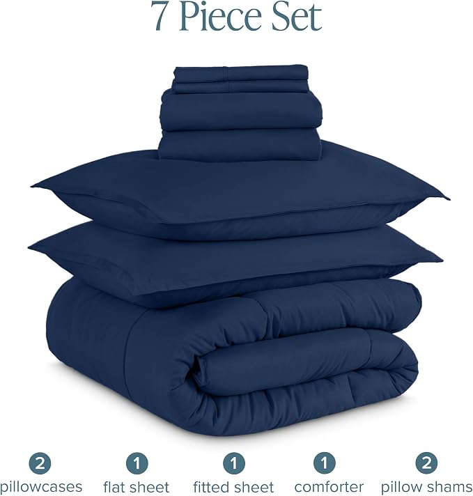 Bare Home Bed-in-A-Bag 7 Piece Comforter & Sheet Set - Full XL - Goose Down Alternative - Ultra-Soft 1800 Premium Bed Set (Full XL, Dark Blue/Dark Blue)