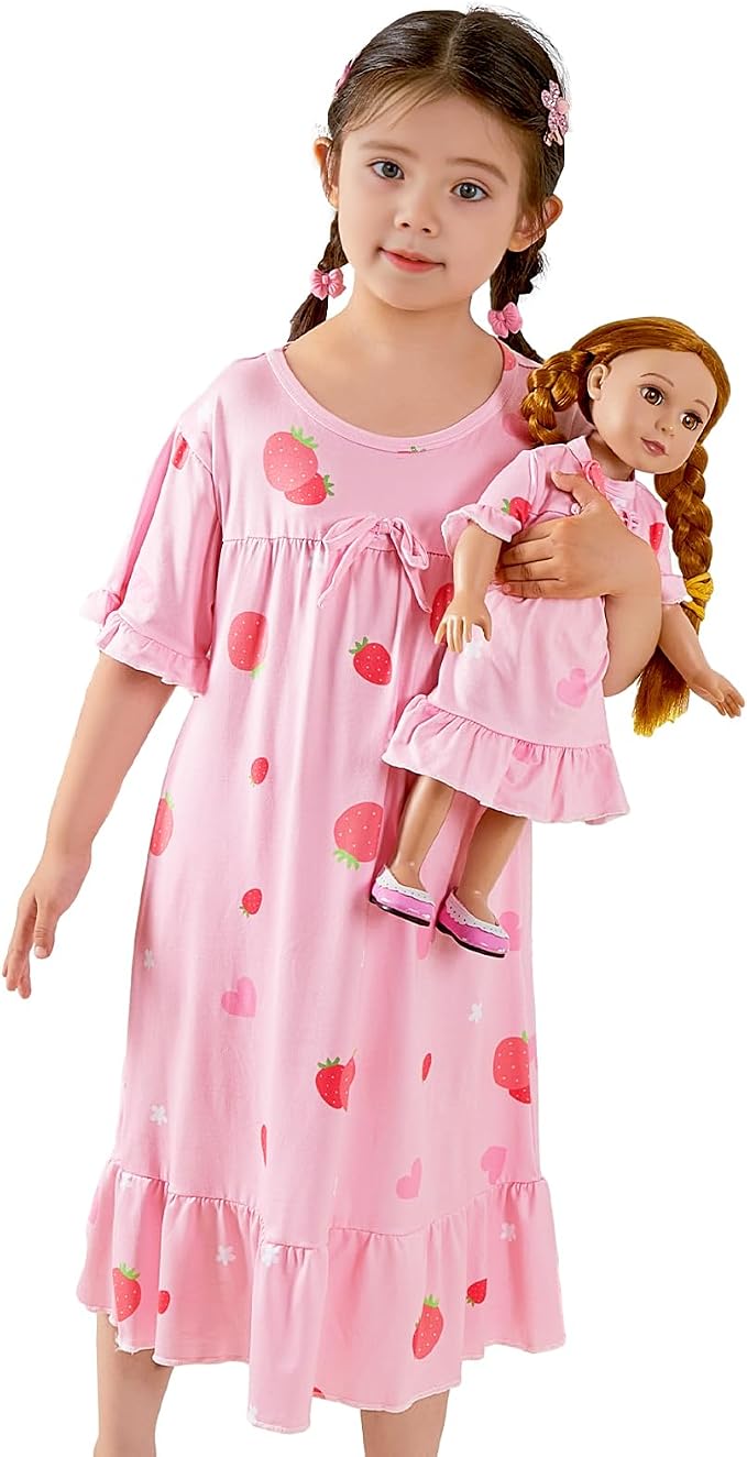 MHJY Matching Girls & Doll Nightgowns Vintage Short Sleeve Sleepwear Pajamas Dress for Girls and 18" Girl Doll