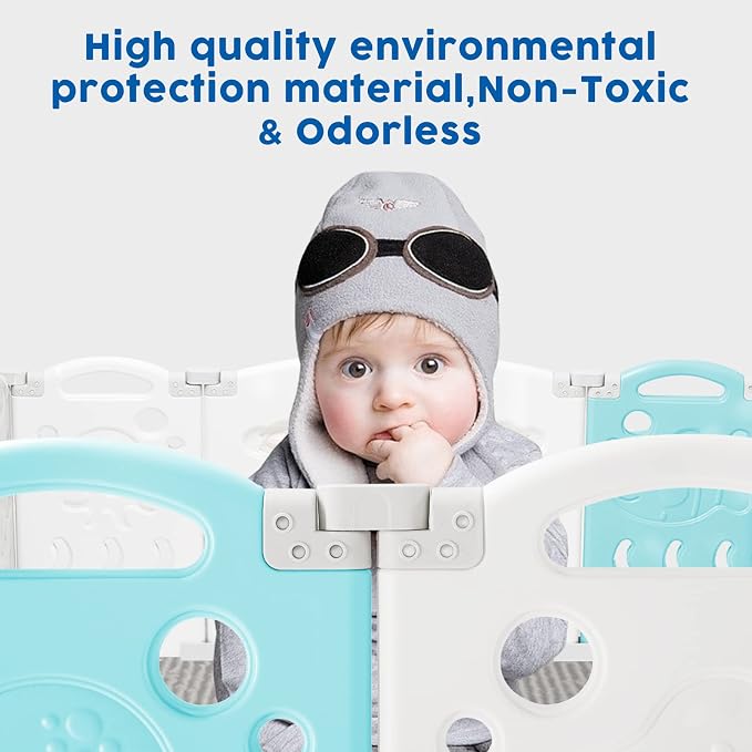 Albott 22 Panels Kids Safety Play Center Yard Baby Playpen Kids Activity Centre Indoor or Outdoor, Portable Play Yard with Gate for Babies, Infant, Toddlers Blue (20 Panels+1 Gate+ 1 Game Board)