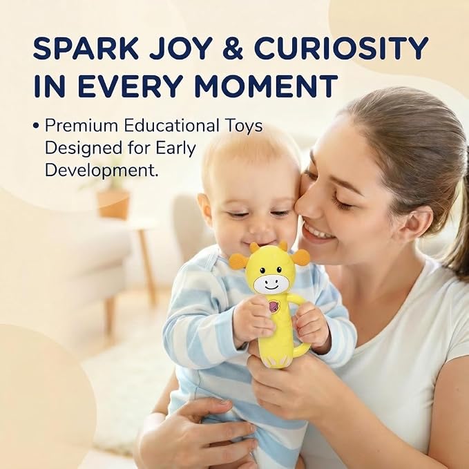 MooMoo Baby Musical Toy, 4‑in‑1 Light‑Up Sensory Toy & Teether for 3–24 Month Babies, BPA‑Free with Easy‑Grip Handle, Cute Cow‑Shaped Travel Toy for Car Seat & Stroller (Yellow)