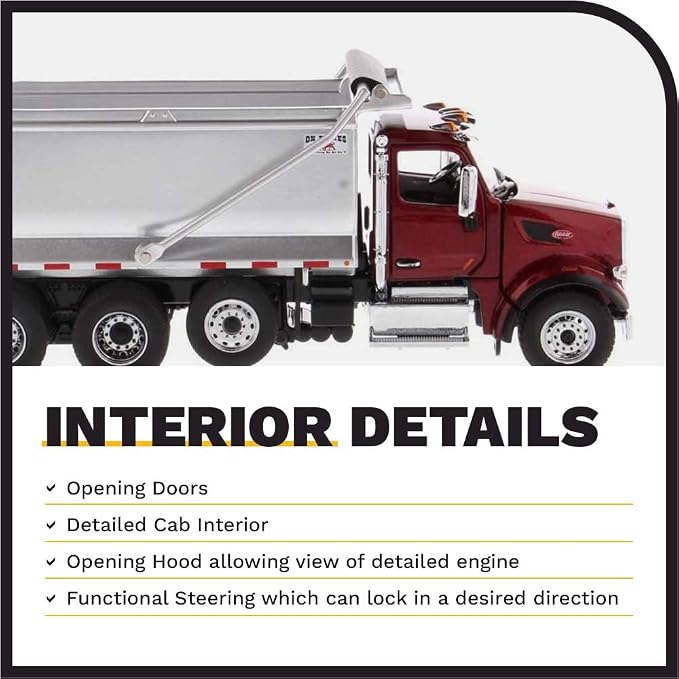Diecast Masters Peterbilt Model 567 Dump Truck - Metallic Red | Tandem with Pusher Axle PACCAR Engine, Ox Bodies Stampede Cab 1:50 Scale Semi Trucks 71077