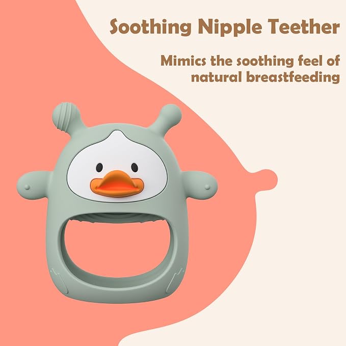2 Pack Baby Teething Toys for 3-6 6-12 Months, Upgraded Silicone Teething Mitten with Anti-Dropping Wrist Design, Soft Sensory Baby Teether Toys, BPA Free Infant Chew Toys,Green & Nude（Duck）