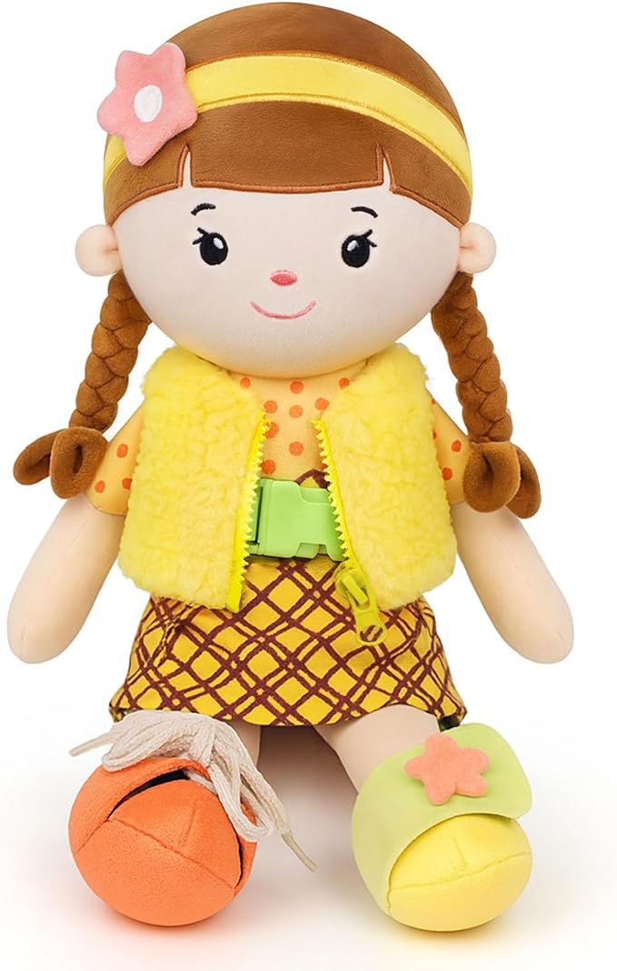 Soft Baby Doll Toys,16 inch Educational Plush Doll for Girls Learning Sensory Montessori Toy Birthday Gifts Cuddly Plush Toys for Toddler Kids (Yellow)