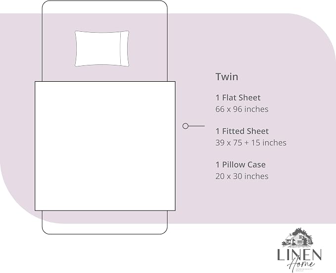 Linen Home 100% Cotton Percale Sheets Twin Size, Iris Lilac, Deep Pocket, 3 Pieces Set- 1 Flat, 1 Fitted and 1 Pillowcase, Crisp Cool and Long Staple Strong Bed Linen
