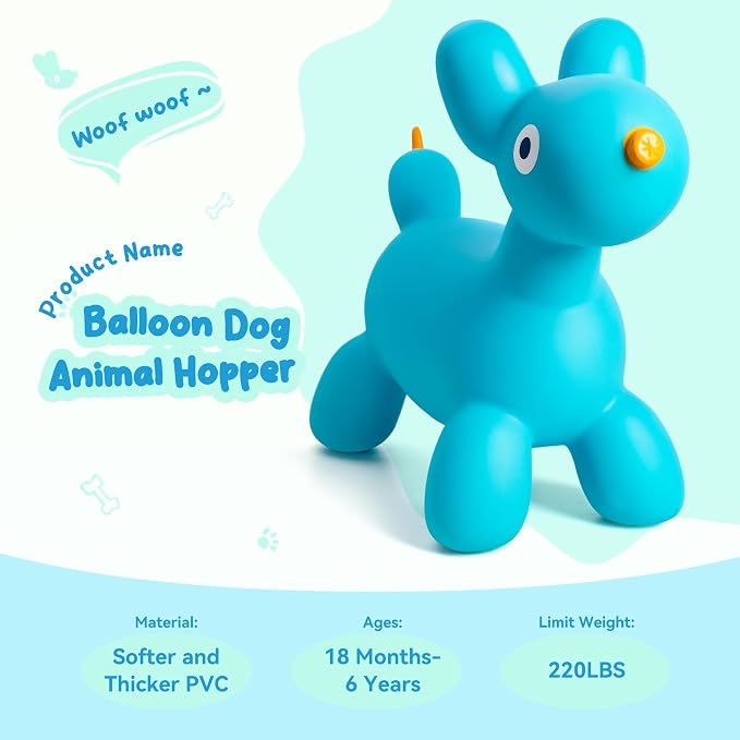 ZOOJOY Bouncy Animal Hopper, Blue Balloon Dog Bouncy Toys for Toddlers 18M+, Inflatable Ride-on Hopping Toys with Pump for Indoor & Outdoor Play, 2 3 4 5 6 7 Years Birthday Gift for Boys & Girls