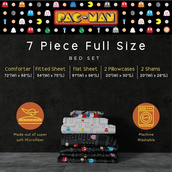Pac-Man Gaming Bedding 7 Piece Super Soft Cozy Reversible Comforter and Sheet Set with Sham, Full, (Officially Licensed Product) By Franco