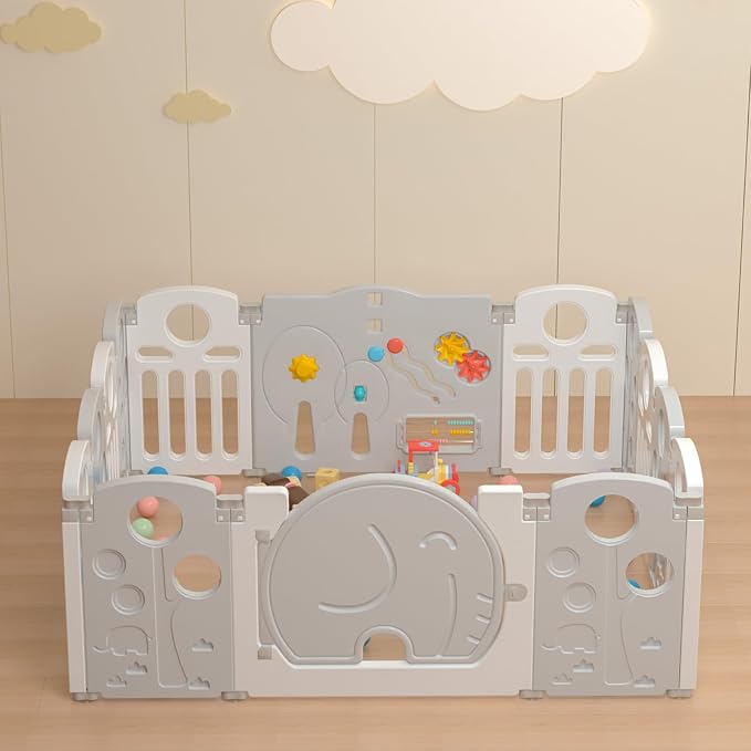 LulliSpace Baby Playpen,for Kids and Toddlers,Kids Activity Centre Safety Play Yard,Indoor&Outdoor Pattern Baby Fence with Game Panel, Safety Lock, Non-Slip Bases, Adjustable Shape,14 Panels