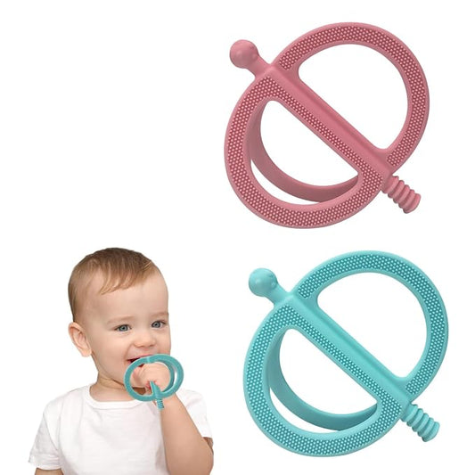 SOLIFEGOBLE 2-Pack Silicone Baby Teething Rings - Easy-Grip Chew Toys with Textured Surfaces, BPA-Free Teethers for Infants 3-12 Months (Light Green+Light Pink)