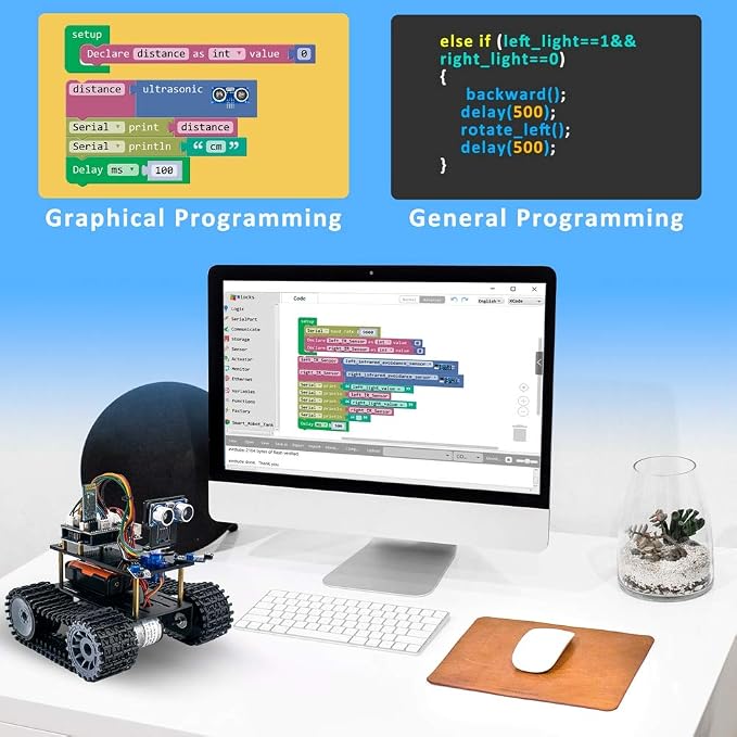 LAFVIN Programming Tank Smart Robot Car kit Support Mixly Blocks Coding/App Control Compatible with Arduino IDE