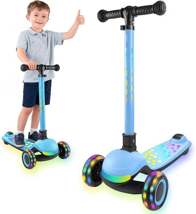 Light Up 3 Wheel Kick Scooter for Kids Toddlers with LED Sync Lights, Flashing Stem & Wide Polka Dot Deck Adjustable Height Music Function Safe Sturdy Folding Scooter for Kids