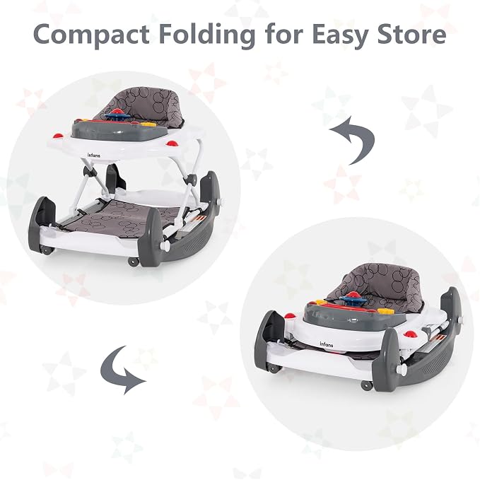 INFANS Baby Walker, 5 in 1 Behind Walker Learning Seated Rocker Bouncer with Removable Music Tray, Adjustable Height, Washable Seat Cushion, Foldable Activity Center for Toddlers (Grey)