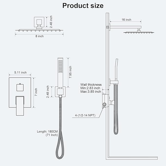 FPXRNG Black Shower Faucet Set, Rainfall Shower System with Square Shower Head and Handle Set, Wall Mounted Shower Fixtures, Full Metal Trim Repair Kit 8 inch Matte Black (With Shower Valve)