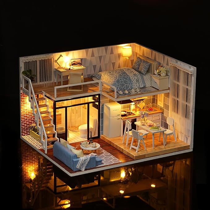 TuKIIE DIY Miniature Dollhouse Kit with Furniture, 1:24 Scale Creative Room Mini Wooden Doll House Accessories Plus Dust Proof & Music Movement for Kids Teens Adults(Blue Times)