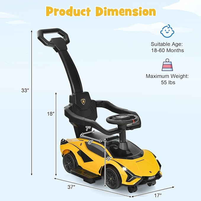 INFANS 3 in 1 Ride on Push Car, Licensed Lamborghini Baby Stroller Sliding Walking with Parent Control Handle, Music, Headlight, Under Seat Storage, Kids Foot-to-Floor Toy for 18-60 Months (Yellow)
