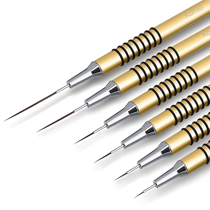 Komall Metallic Nail Art Brushes, 6Pcs Non Slip Liner Brush Set, UV Gel Polish Painting Art Design Pen for Long Lines, Thin Details, Fine Drawing Sizes 5/7/9/11/20/25mm(Gold)