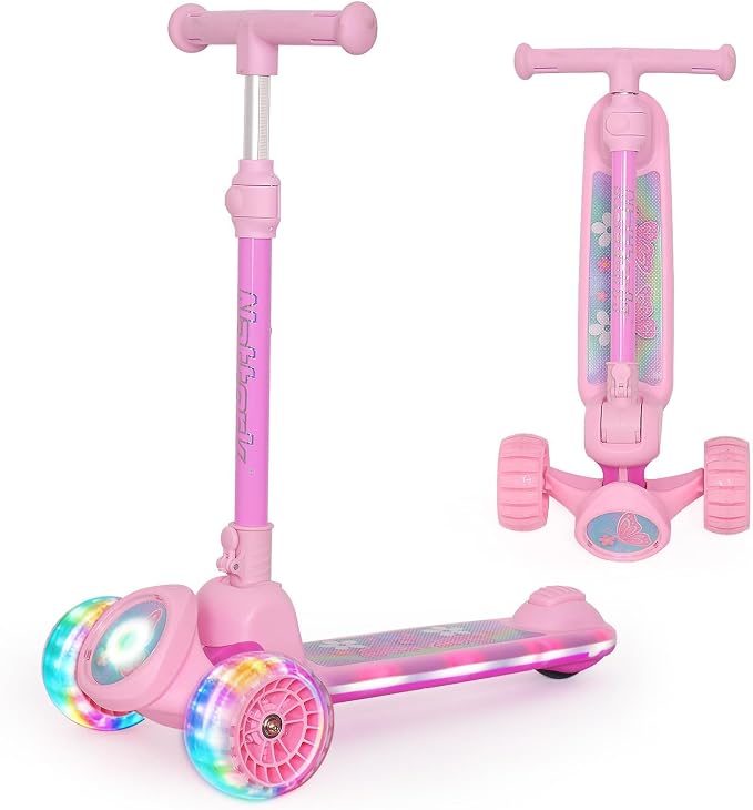Nattork Kids Scooter for Girls with Light Up Wheels, Deck and Headlight, Wide Anti-Slip Deck and T-bar Handle with Rear Foot Brake, Adjustable Height 3 Wheel Scooter for Kids Ages 3+ and up to 220Lbs