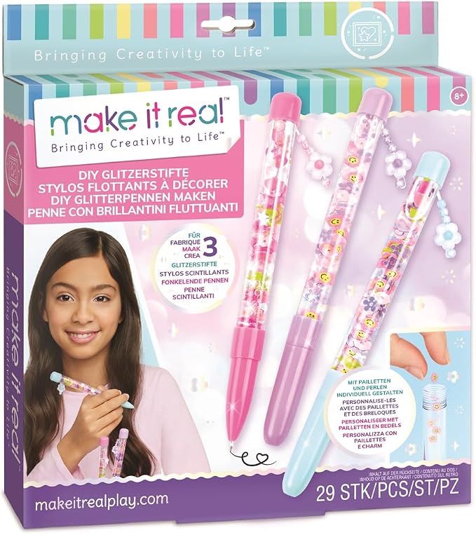 Make It Real DIY Floaty Pens Kit - Create 3 Sparkly, Customizable Pens with Glitter & Charms - Fun Craft for Tweens, Girls & Kids Ages 8+ -Mess-Free Creative Activity Great Gift for Artistic Kids