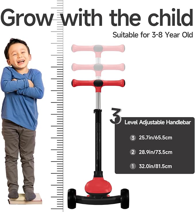 3 Wheel Kick Scooter for Kids, Adjustable Height Foldable Toddler Scooter, Stable Lean-to-Steer Wide Standing Board Scooters