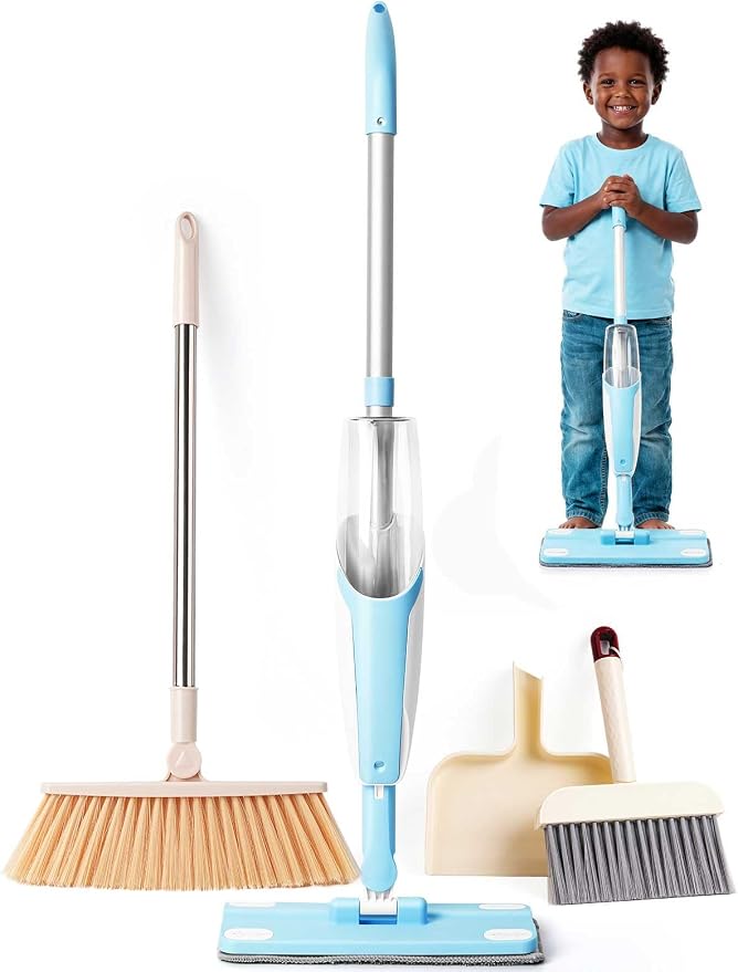 Kids Cleaning Toy Set,Blue Spray Mop Montessori Toys-Kids Cleaning Toy Set,Mini Spray Mop Montessori Toys Spray Mop & Kids Broom Dustpan Set Cleaning Toys Gift for Toddlers Girls Boys Age 3+