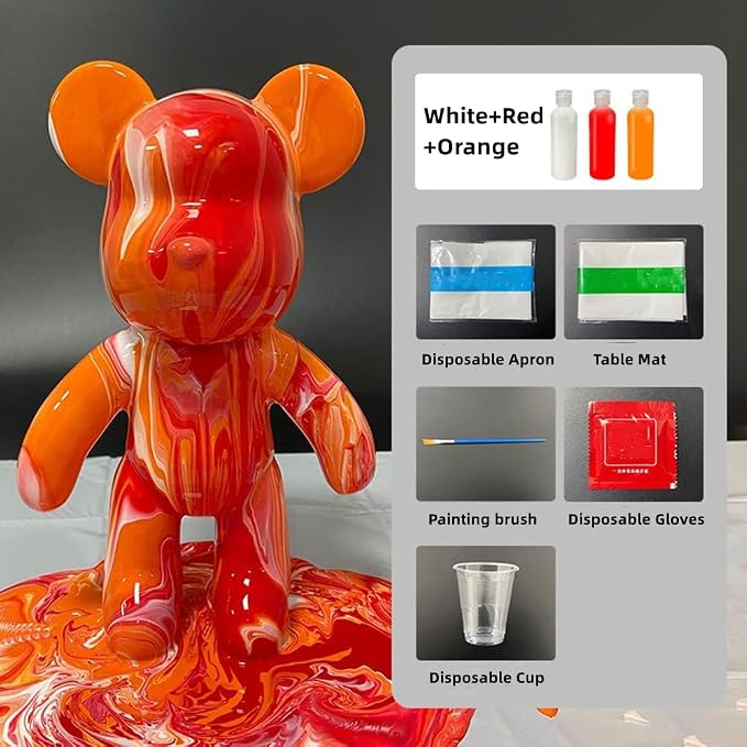 HANDA DIY Painting Fluid Bear Teddy Bear Painting Kit Set Creative Home Decorations Handmade Doll Figurine Toys Gift for Birthday Valentines (13.4 inch, Red+Orange+White)