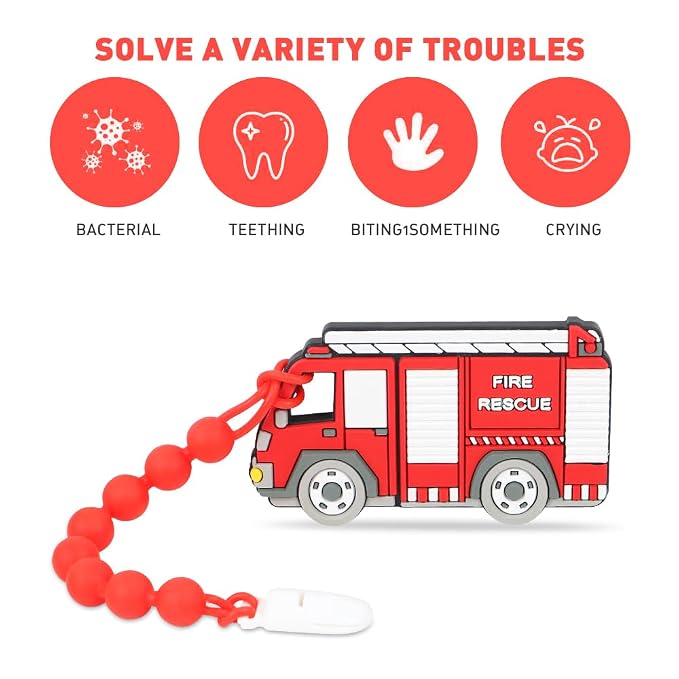 Fire Rescue Truck Teether, Baby Construction Vehicles Teething Toys, Food Grade Silicone Teether with One-Piece Pacifier Clip Holder, BPA Free, Freezer Safe, 3 Months+, Fire Rescue Truck color