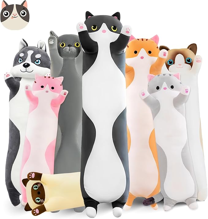 Long Cat Plush Pillow, 19.6in Cute Black Cat Plushie Stuffed Animals Body Pillow, Kawaii Kitten Soft Plushie Doll Toy Birthday Gift for Children Girlfriend