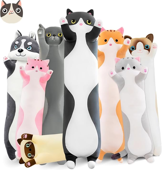 Long Cat Plush Pillow, 43.3in Cute Black Cat Plushie Stuffed Animals Body Pillow, Kawaii Kitten Soft Plushie Doll Toy Birthday Gift for Children Girlfriend