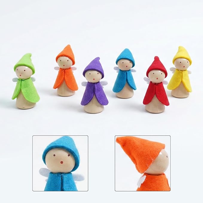 6 Pcs Wooden Elf Figures, Miniature Dollhouse Accessories for Kids Ages 3+, Cute Wood Gnome Peg Dolls for Small Fairy Garden Decor | Non-toxic paint | 3 inches tall | Safe for toddlers 3+ | Perfect for dollhouse & fairy garden | Sensory play | Birthday...