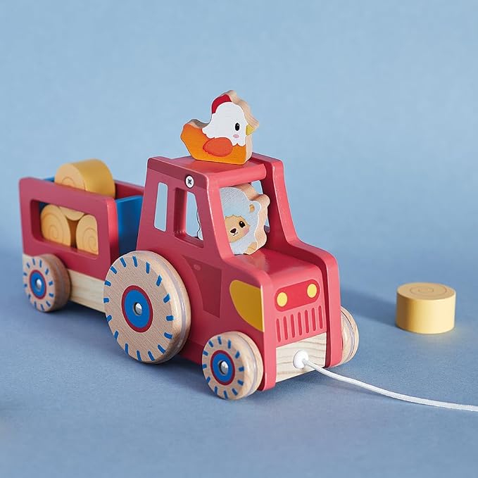 Janod Wooden Pull-Along Tractor Toy with Removable Trailer, Hen, Sheep & 4 Hay Bales – Quiet-Wheel Farm Playset & Walking Aid – Ages 12 Months+ - J03317