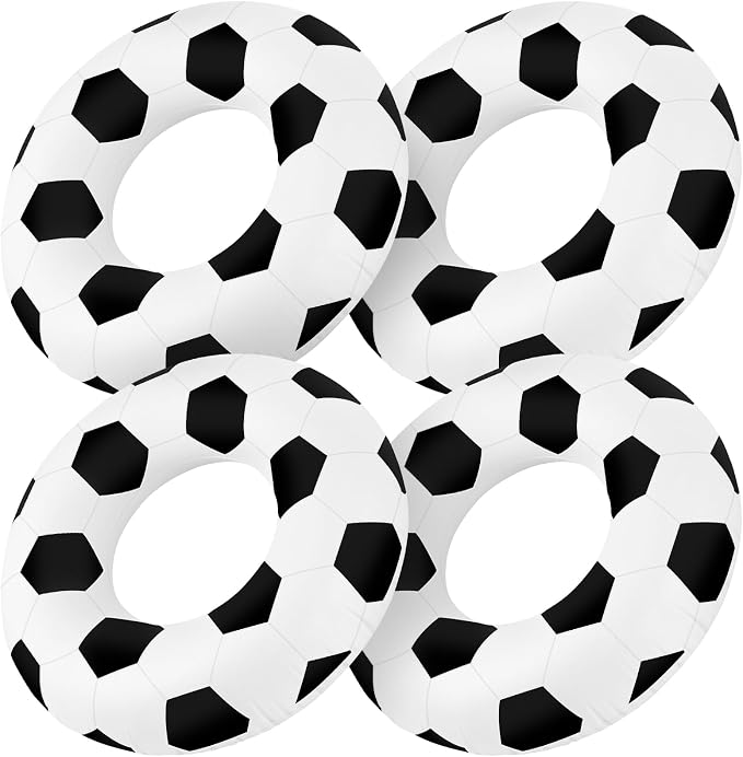 4 Pcs Soccer Ball Pattern Pool Floats - 28 Inch Sports-Themed Kids Swim Rings (Ages 10-15), Inflatable Pool Toys for Hawaiian, Beach, Water Park