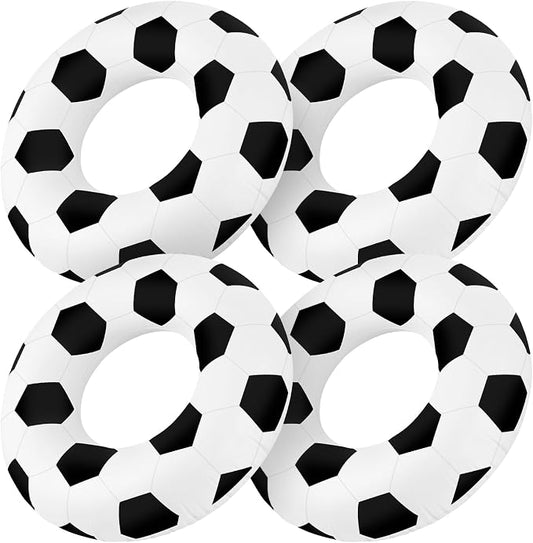 4 Pcs Soccer Ball Pattern Pool Floats - 28 Inch Sports-Themed Kids Swim Rings (Ages 10-15), Inflatable Pool Toys for Hawaiian, Beach, Water Park