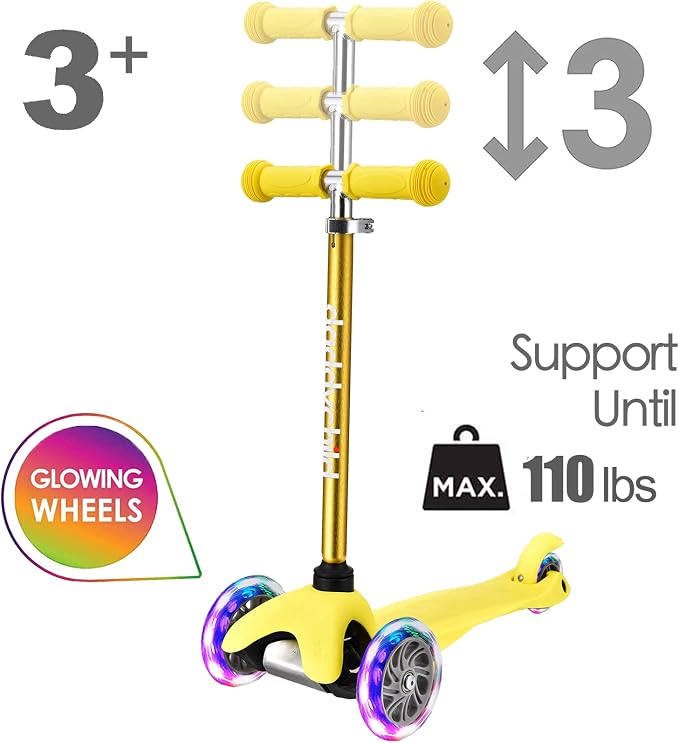 3-Wheel Kick Scooter for Kids Ages 3-8 Lean-to-Steer Toddler Scooter with Extra Wide Light Up Wheels, 4 Adjustable Heights, Foldable Scooters for Boys & Girls, Max Weight 110lbs
