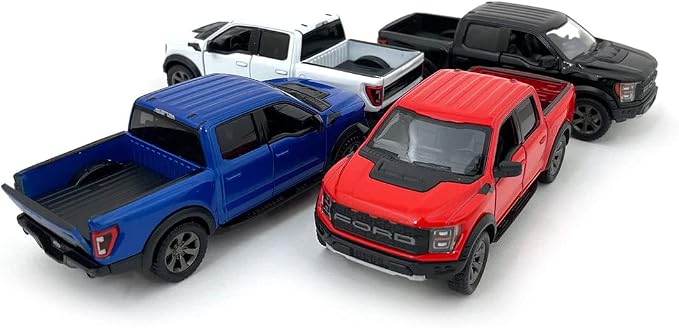 KiNSMART SetOf4 2022 Ford F-150 Raptor 5" 1:46 Scale Die Cast Model Toy Truck Black, White, Red, Blue