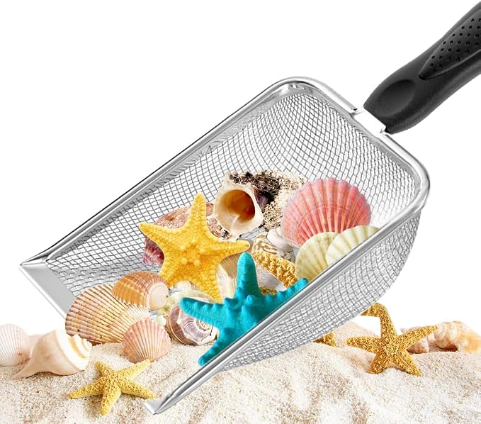 Beach Mesh Shovel, Shark Tooth Sifter Dipper for Shell Collecting, Kids Filter Sand Scooper for Picking Up Shells - Beach Snow Toys for Kids (Black)