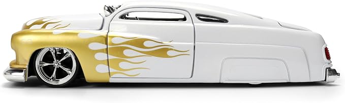 Jada Toys Bigtime Muscle 1:24 1951 Mercury Die-cast Car – Opening Doors, Hood, Trunk, Rubber Tires(White/Gold Flames)