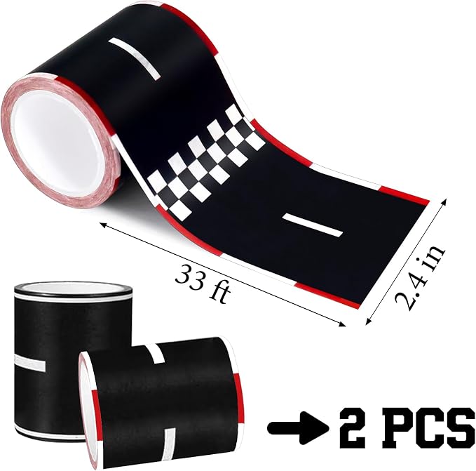 WNINK 2 Rolls Black and Red Roadway Tape Road Tape, Kids Race Car Stickers, Race Car Track Decorations, 2.4 Inch Wide, 2 X 33 FT Long, Easy Tear, No Residue for Kids Birthday Racing Party Decoration