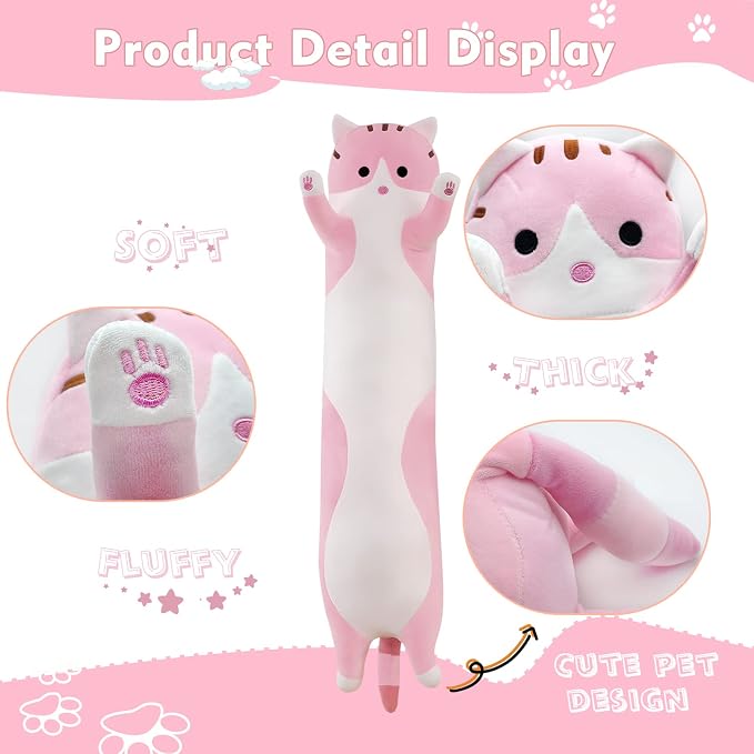 Long Cat Plush Pillow, 27.6in Cute Pink Cat Plushie Stuffed Animals Body Pillow, Kawaii Kitten Soft Plushie Doll Toy Birthday Gift for Children Girlfriend