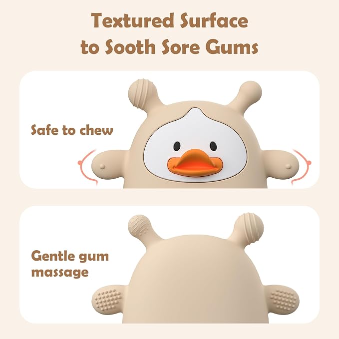 2 Pack Baby Teething Toys for 3-6 6-12 Months, Upgraded Silicone Teething Mitten with Anti-Dropping Wrist Design, Soft Sensory Baby Teether Toys, BPA Free Infant Chew Toys,Green & Nude（Duck）