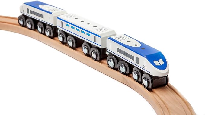 maxim enterprise, inc. Express Train Set, Bullet Train for Wooden Train Track, Train Set of 2 Engines & 1 Passenger Car, Compatible with Thomas and Friends, Brio & Other Major Brand Wooden Railways